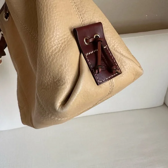 Vintage Dooney & Bourke Tan and Brown Leather Drawstring Bucket Bag